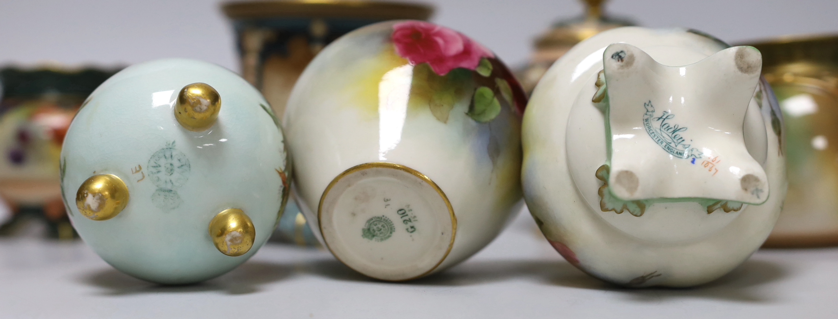 Six Royal Worcester ornamental vases, tallest 13cm, and two Harley’s Worcester pots
